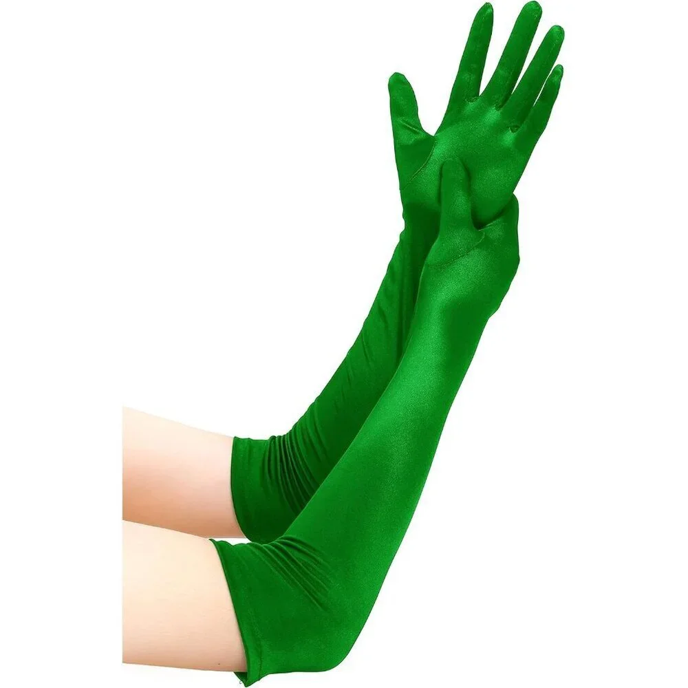 Women's Smooth Green Long Satin Gloves Elbow Length Party Costume Accessory